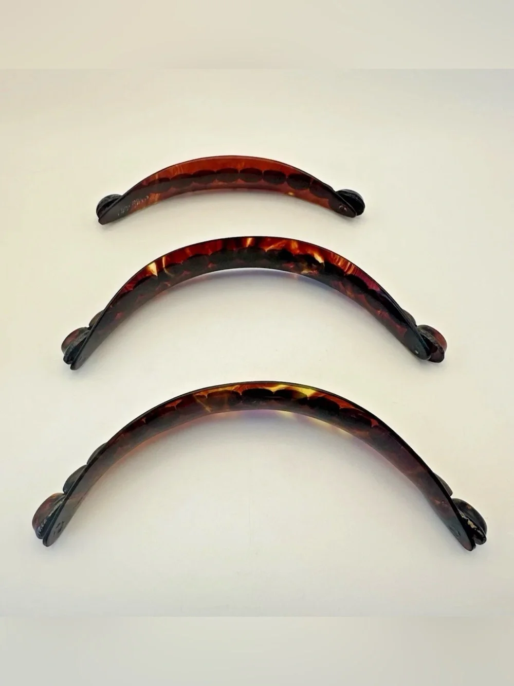 Tortoiseshell Curved Hair Clips Trio German Barrettes Bead Antique Celluloid Vtg